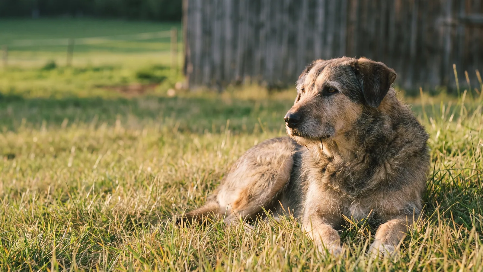 Hofhund liegt im Gras vor Stall und Weide