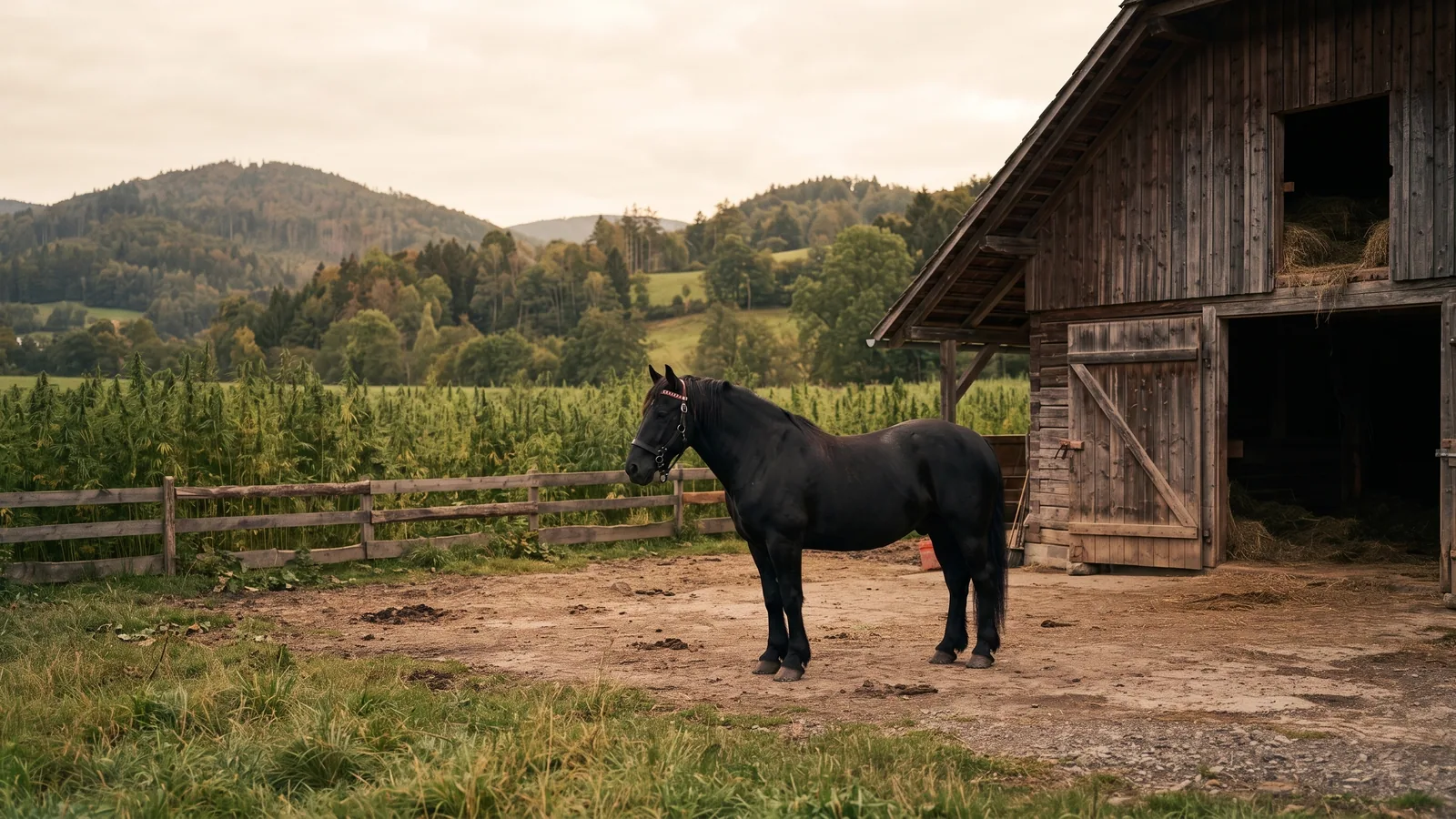 Schwarzes Arbeitspferd im Hof vor Stall und Hanffeld