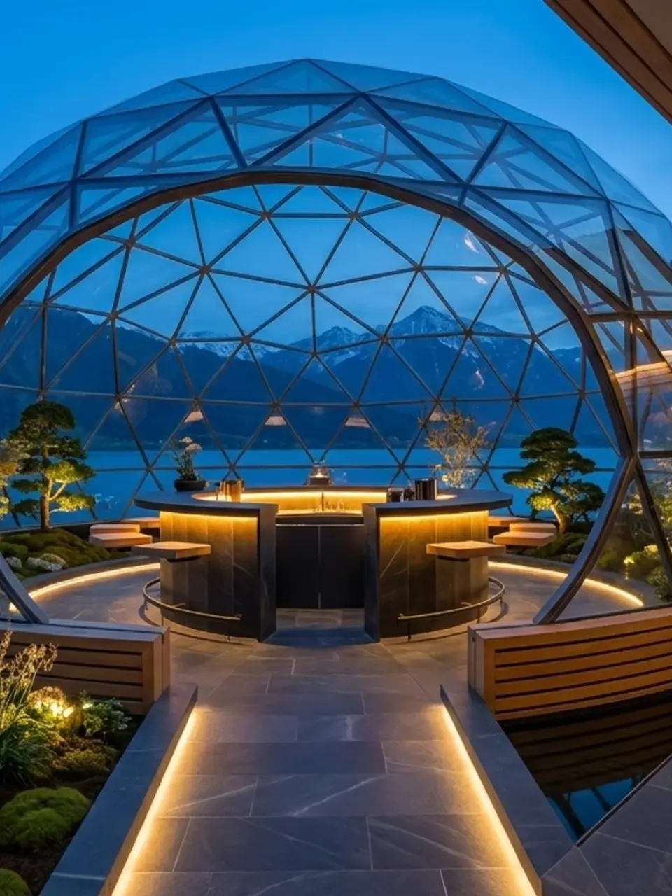 The tea garden under its glass dome at blue hour, a lit circular counter ringed by bonsai and the lake beyond