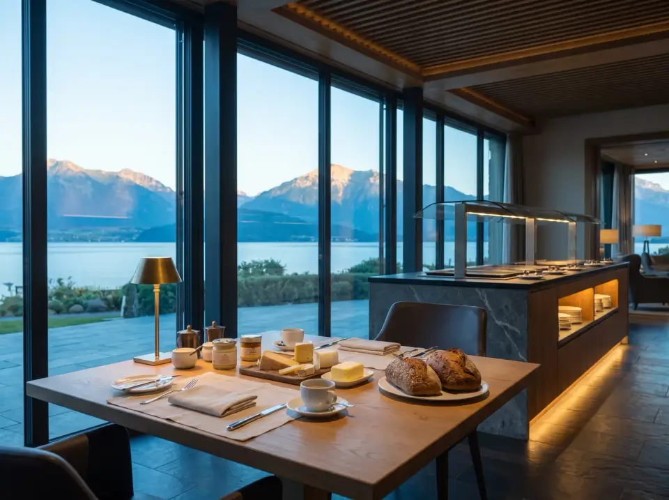 Breakfast laid on a long oak table at first light, bread and butter set out and the peaks catching sun across the lake