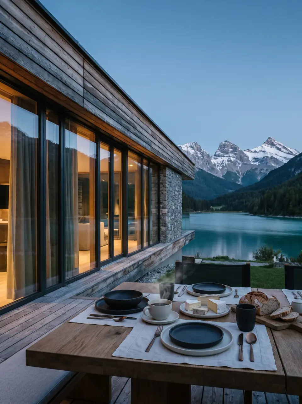 A table laid on the deck at dusk, cheese and bread between the settings, the lake still and three peaks behind