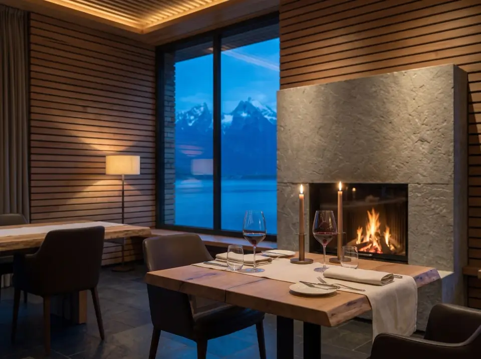 The dining room in the evening, a stone fireplace alight and candles on every table against the dark mountains