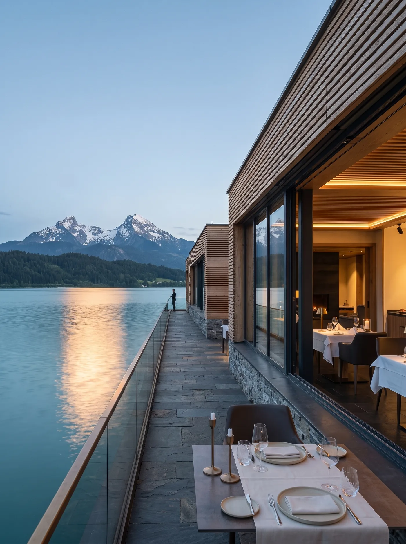 Light plates served on the terrace above the water