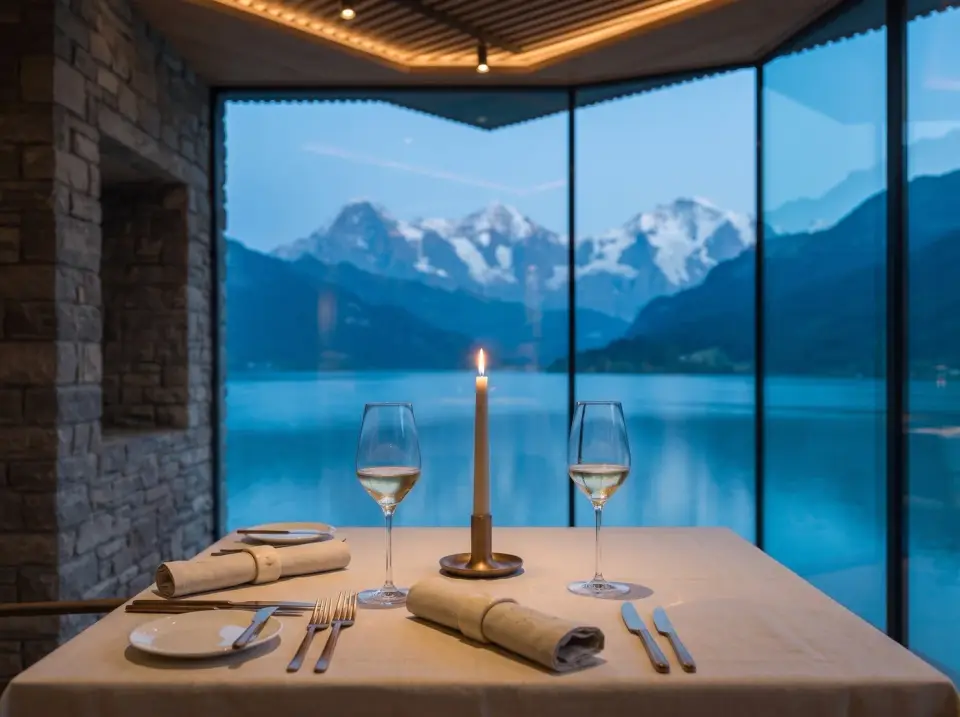 A corner table for two, one candle between two glasses, the lake and the snow line filling both walls of glass