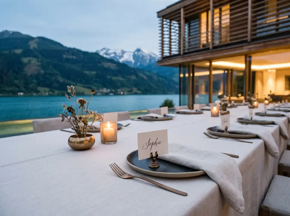 Guests standing with drinks on the terrace after dinner, the lake dark below and lit windows behind