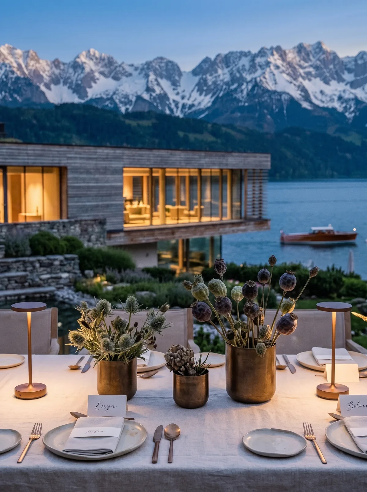 A small party seated at a single long table in the pavilion, mountains framed behind the open sides