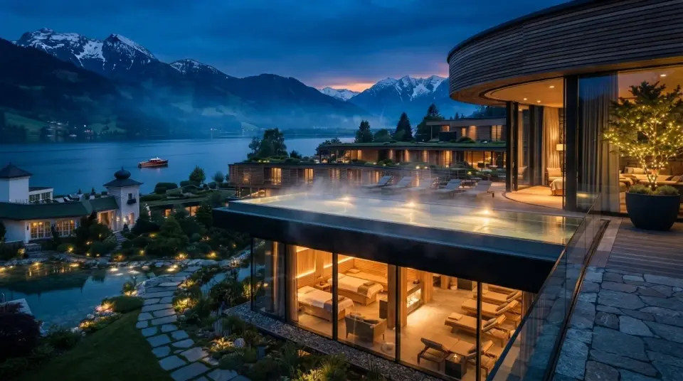 The heated terrace pool steaming at dusk, the treatment rooms lit beneath it and the lake beyond