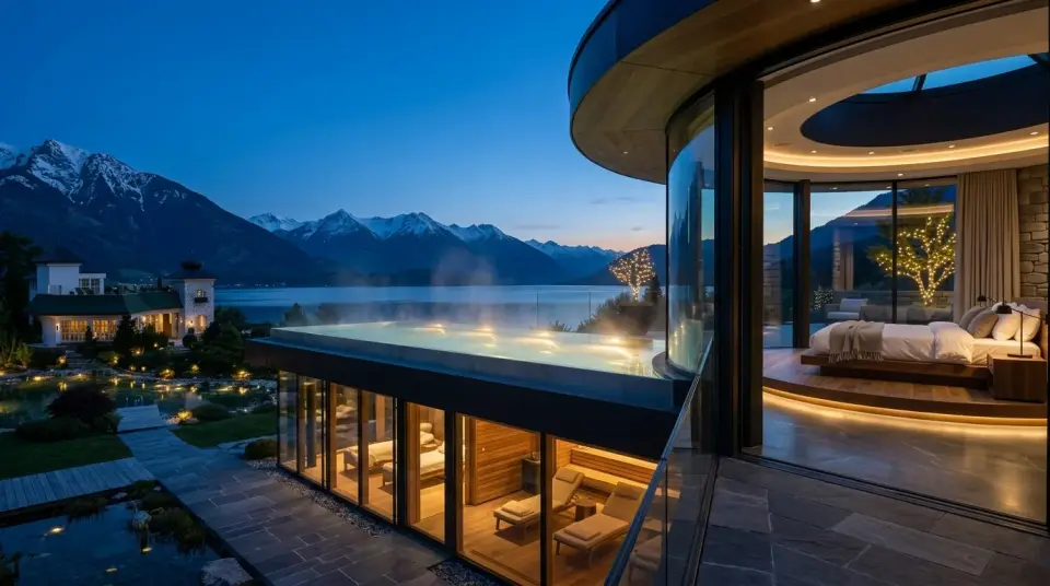 The terrace pool from the north, steam lifting off the water and a lit suite standing open at the right