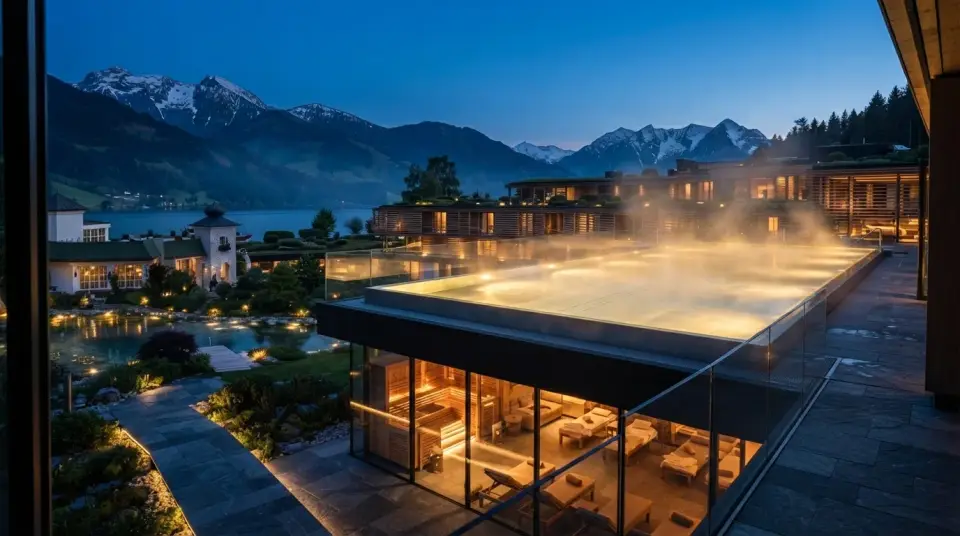 The terrace pool seen wide, the spa wing glowing below it and the peaks strung across the far shore