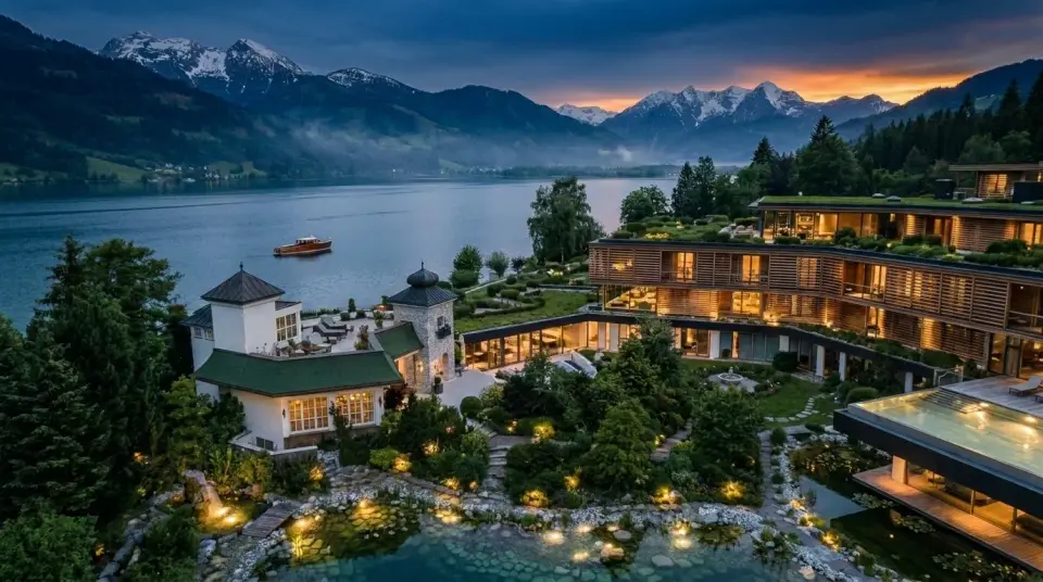 The estate from above after sunset, lamps lit through the water garden and a launch out on the lake