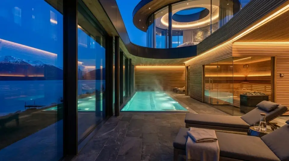 The sanctuary from the terrace, the lap pool steaming beside the glazed sauna and the lake filling the far wall