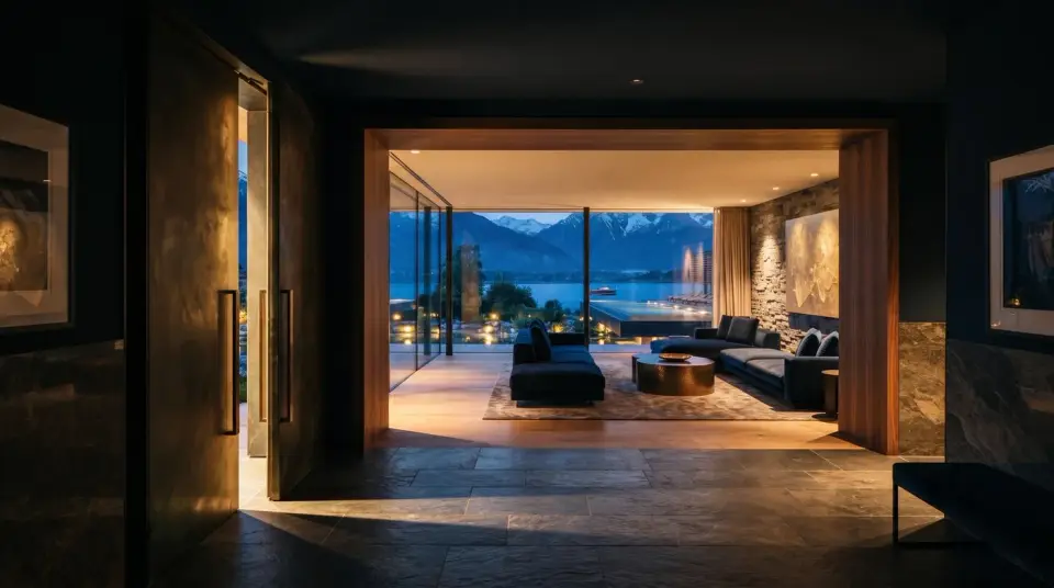 The Meridian's entrance foyer, opening onto the lake
