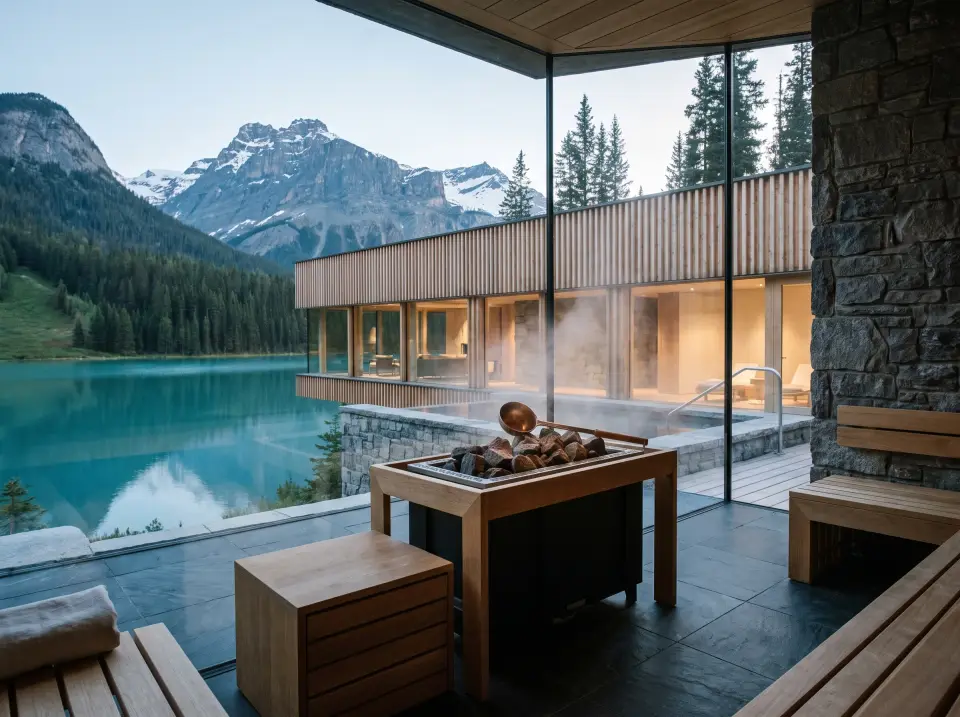 The covered rest terrace, a log fire burning in its table and the heated pool steaming out toward the lake
