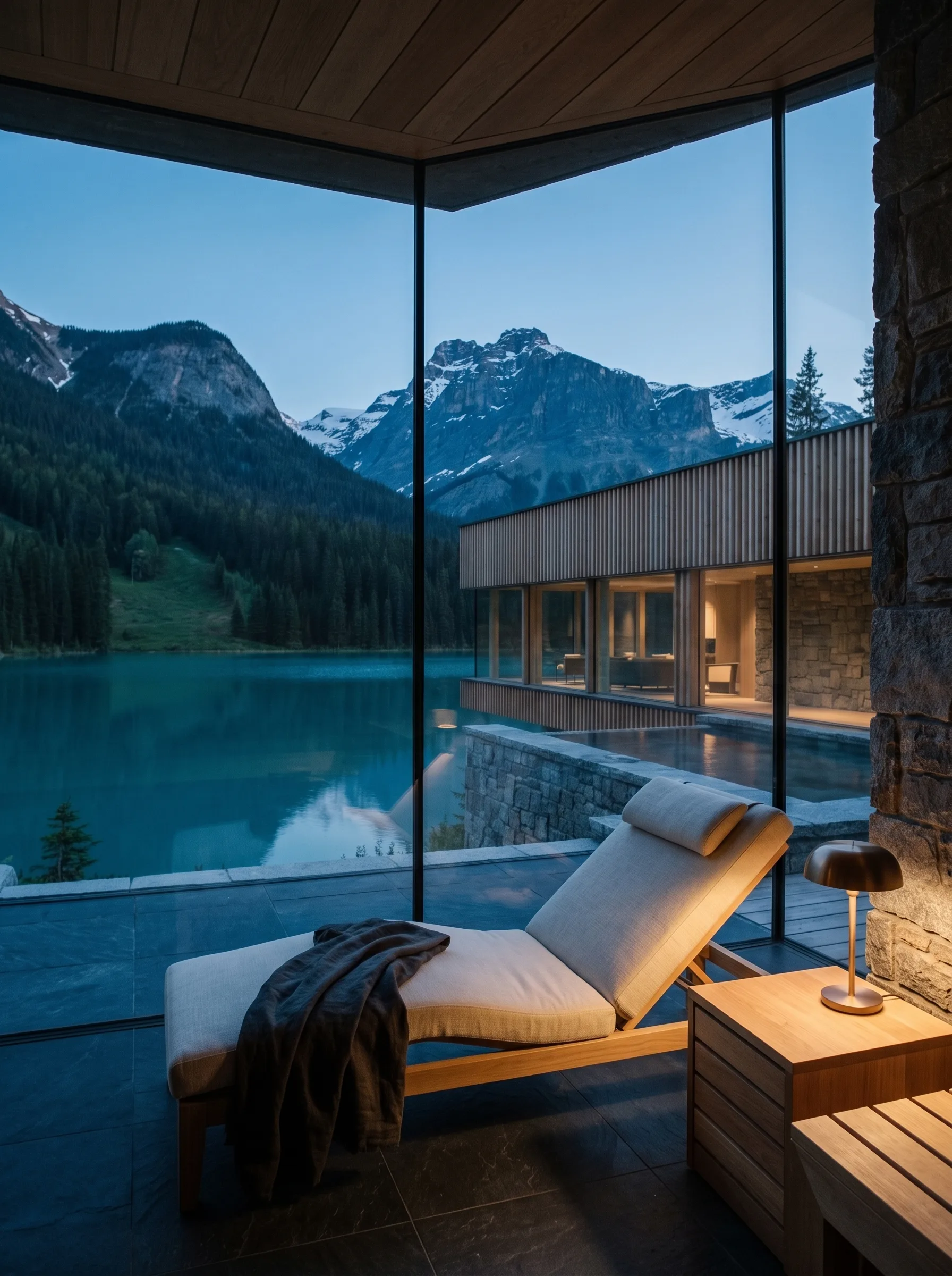 A lounge chair turned to the lake and mountains at dusk