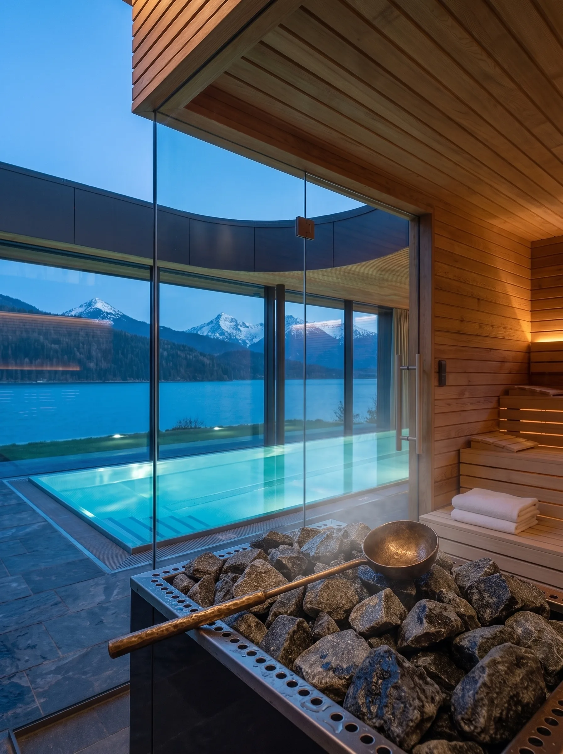 The timber sauna at The Meridian, heater and stones in the foreground