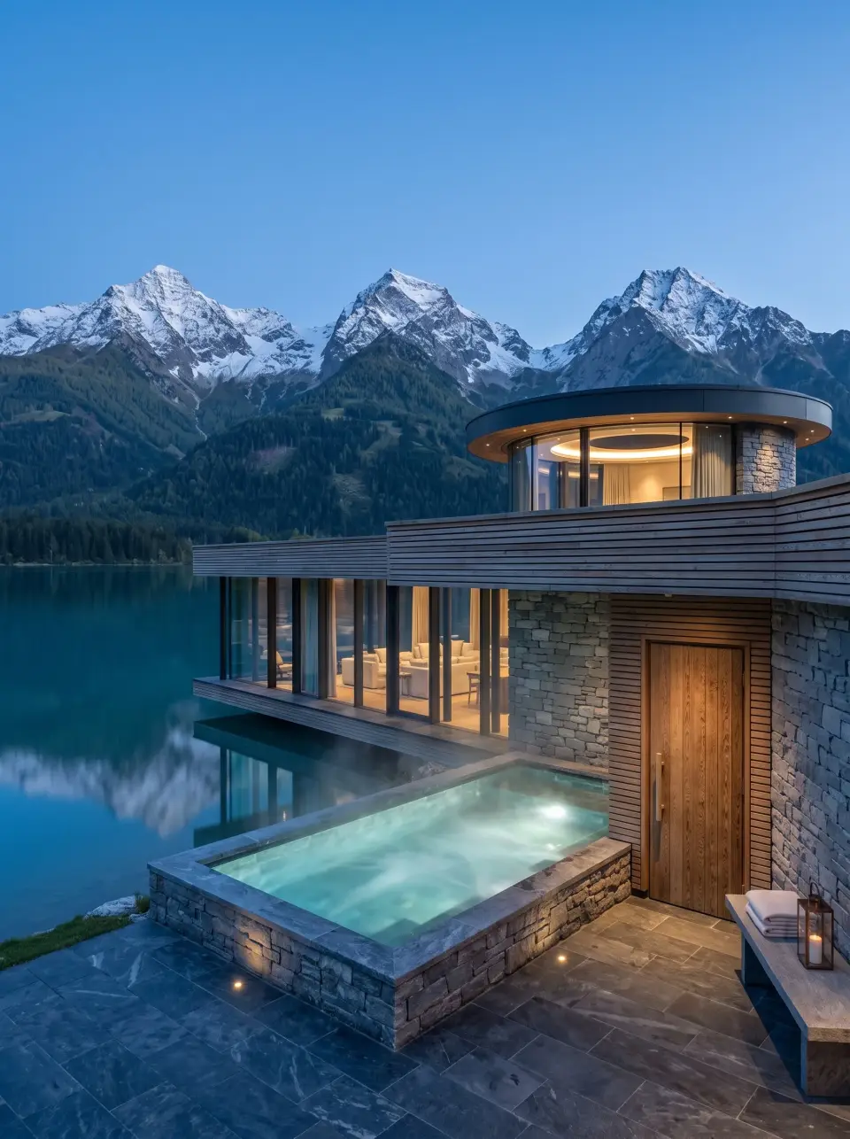 The cold plunge basin above the lake, steam lifting off the water