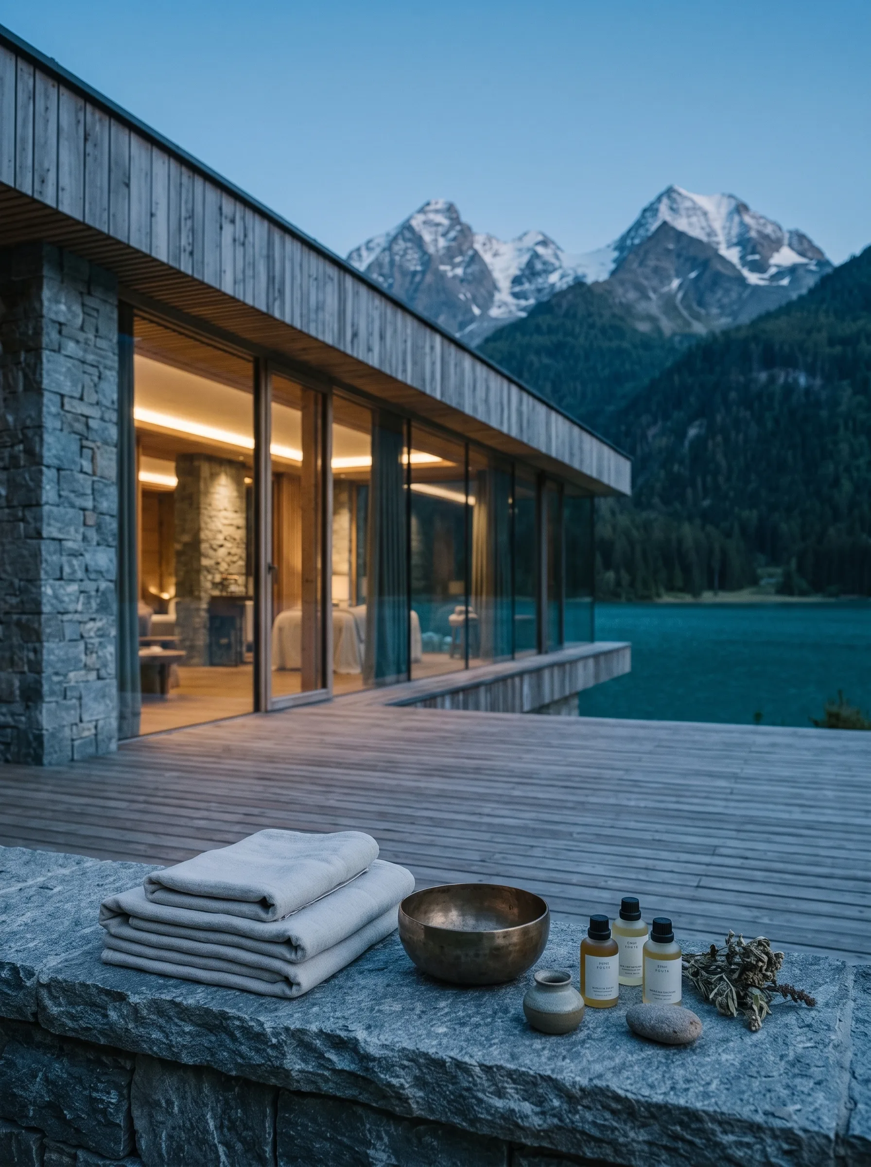 Treatment linens and oils laid out on stone, the lake beyond