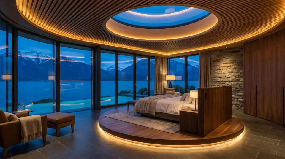 The Circle Suite seen wide, the slatted ceiling turning around its oculus and the valley wrapping three sides