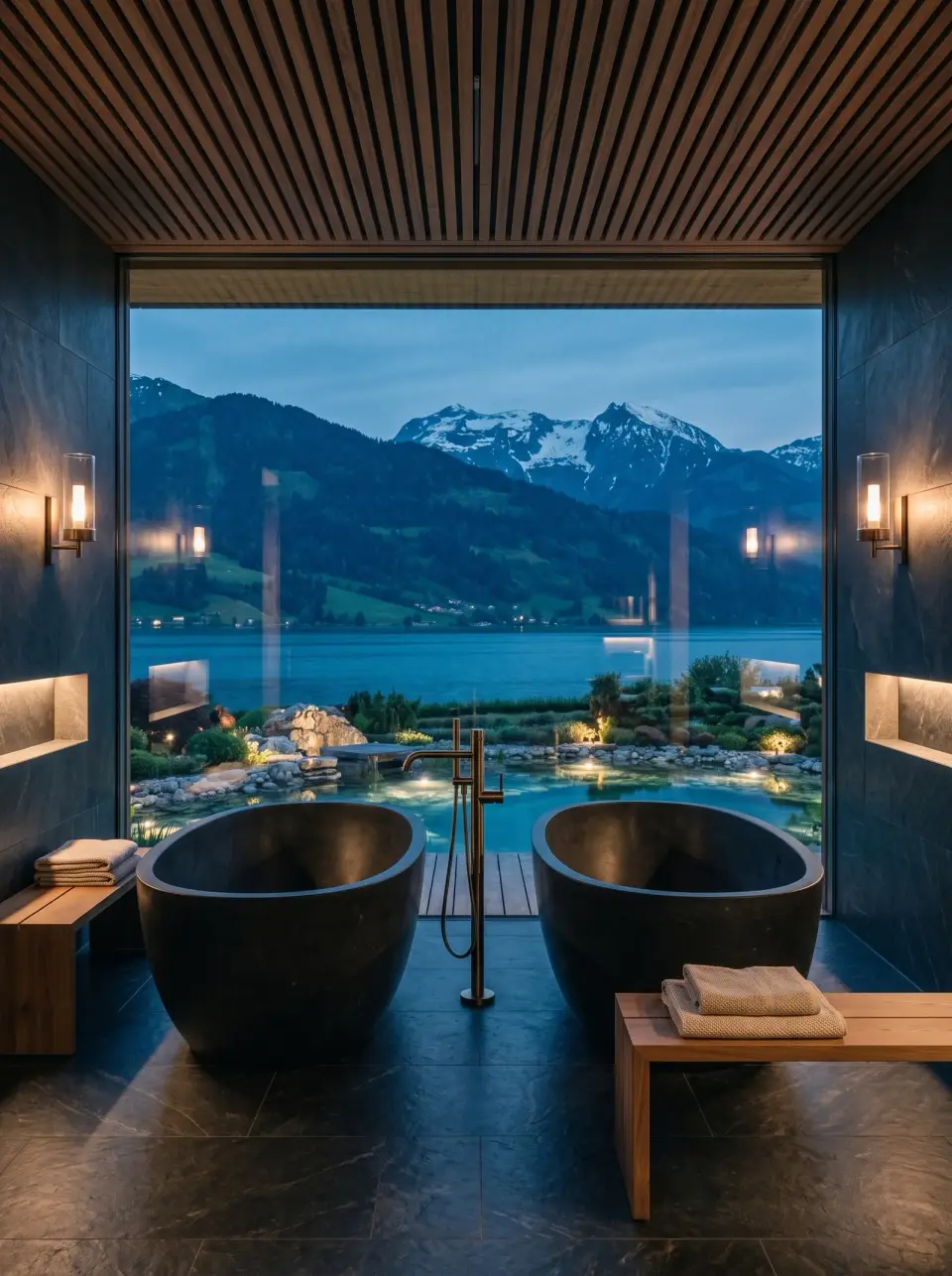 Twin stone soaking tubs set side by side against full-height glass, the water garden and the peaks beyond