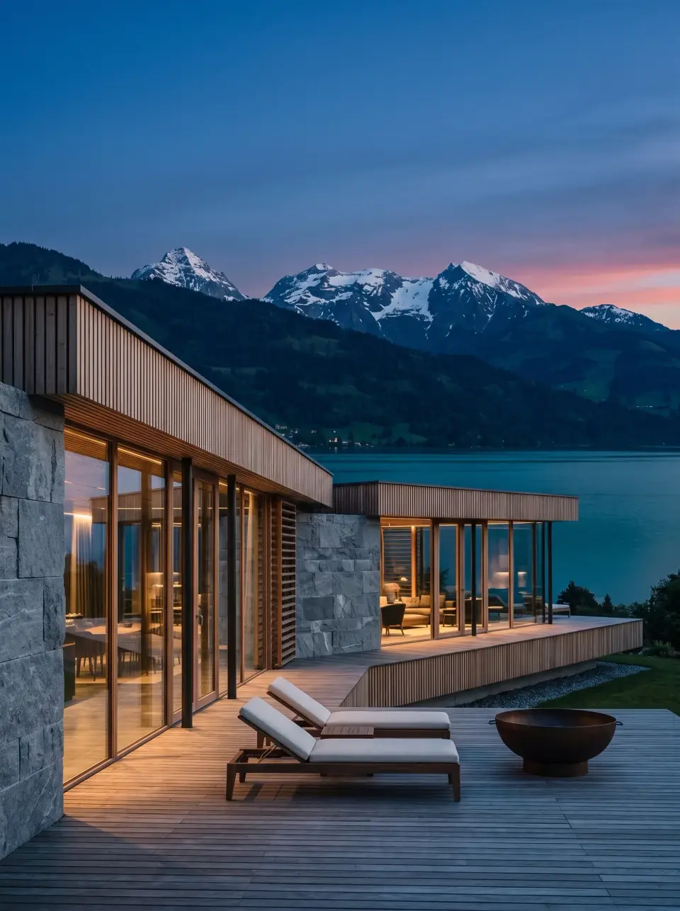The suite deck at last light, two loungers and a fire bowl on the boards, the peaks pink above the lake