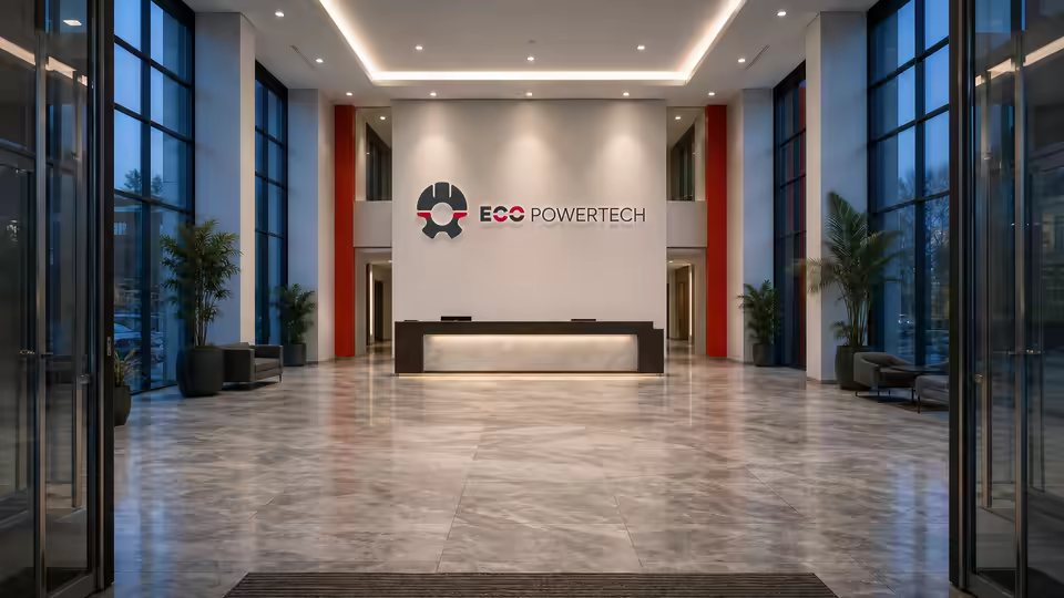 Die leere Empfangshalle von ECO POWERTECH mit Glasfront und Steinboden.