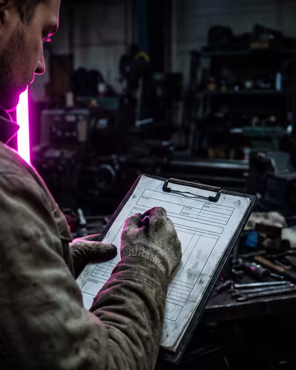 Eine Hand trägt Anforderungen in ein technisches Formular ein, dahinter unscharf eine Werkstatt.