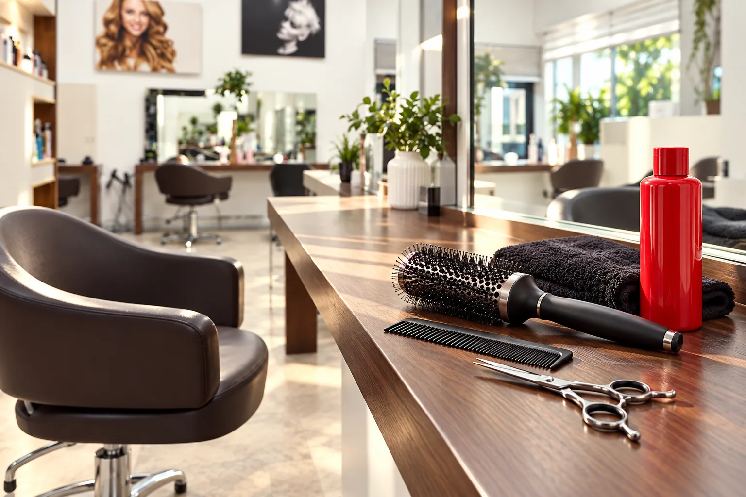 Illustrative Salonstation mit Bürste, Kamm und Schere