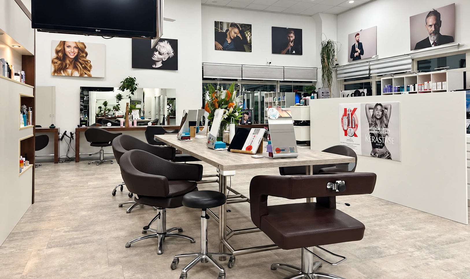 Blick in den Haarisma Salon mit Stylingplätzen und Spiegeln
