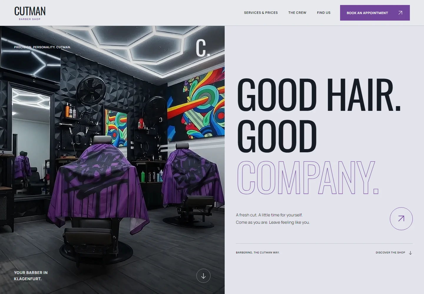 Desktop-Screenshot der Cutman-Konzeptwebsite: geteiltes Layout mit Salonfoto und der Headline „Good Hair. Good Company.“
