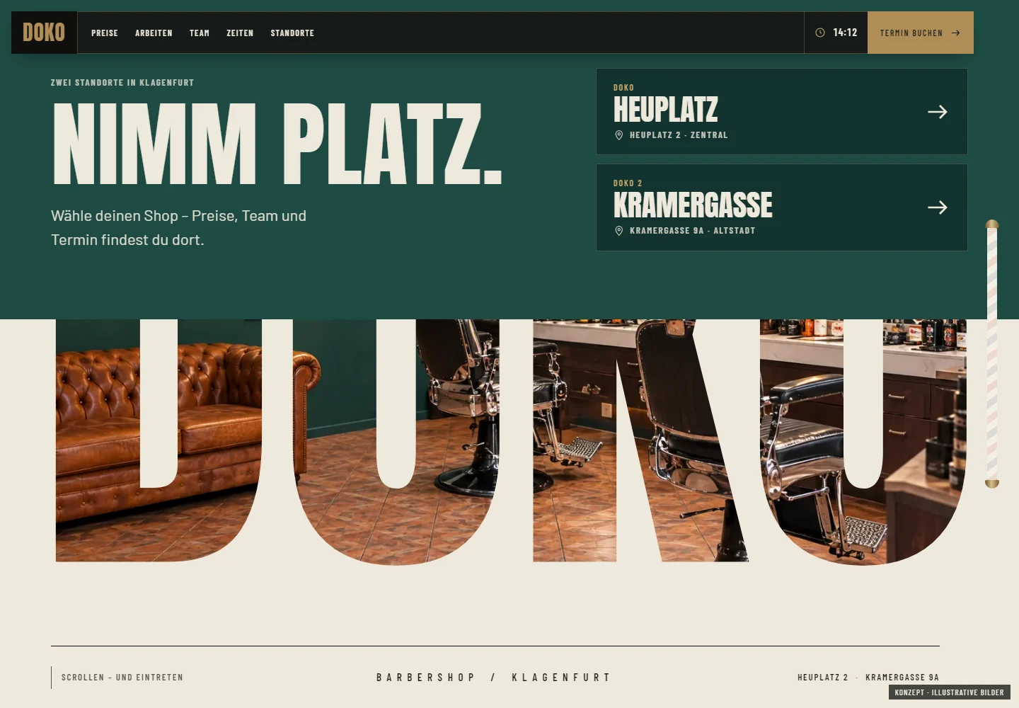 Desktop-Screenshot der DOKO-Konzeptwebsite: grüner Kopfbereich mit der Headline „Nimm Platz.“, zwei Standortkarten und ein großer Schriftzug mit Blick in den Barbershop.