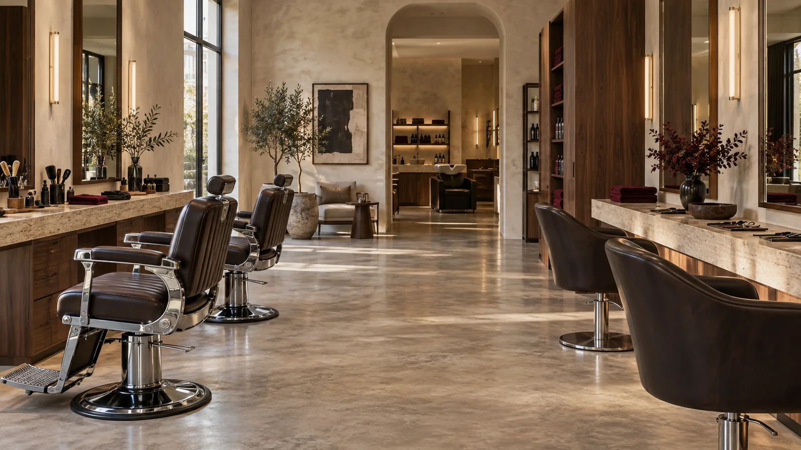 Generierter Salonraum: Barberstühle und Stylingplätze, im Hintergrund ein heller Empfangsbereich.