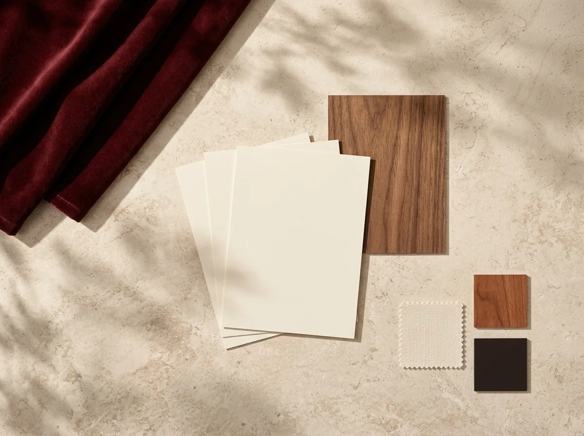Generiertes Bild: Materialmuster auf Kalkstein – dunkelroter Samt, helles Papier, Nussholz und Farbmuster.