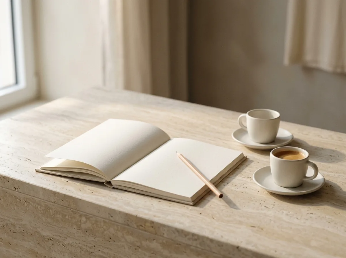 Generiertes Bild: zwei Espressotassen und ein offenes, leeres Notizbuch auf einem Travertintresen.