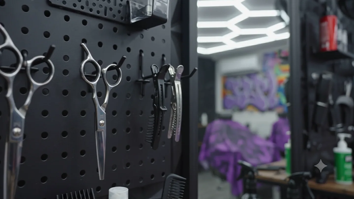 Scissors, combs and barber tools arranged at a Cutman workstation