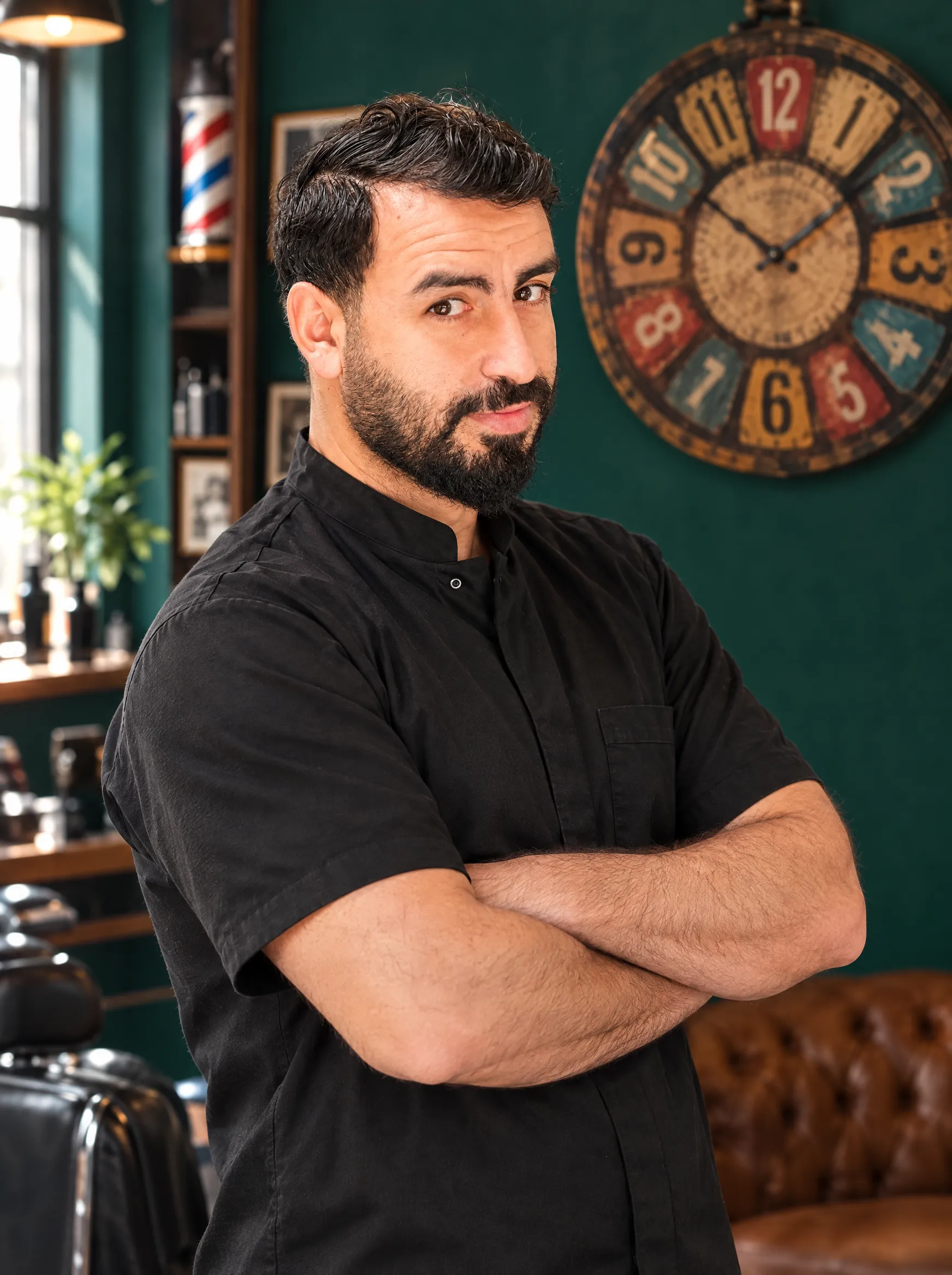 Doko, Inhaber von DOKO Barbershop, vor der grünen Wand mit der Wanduhr