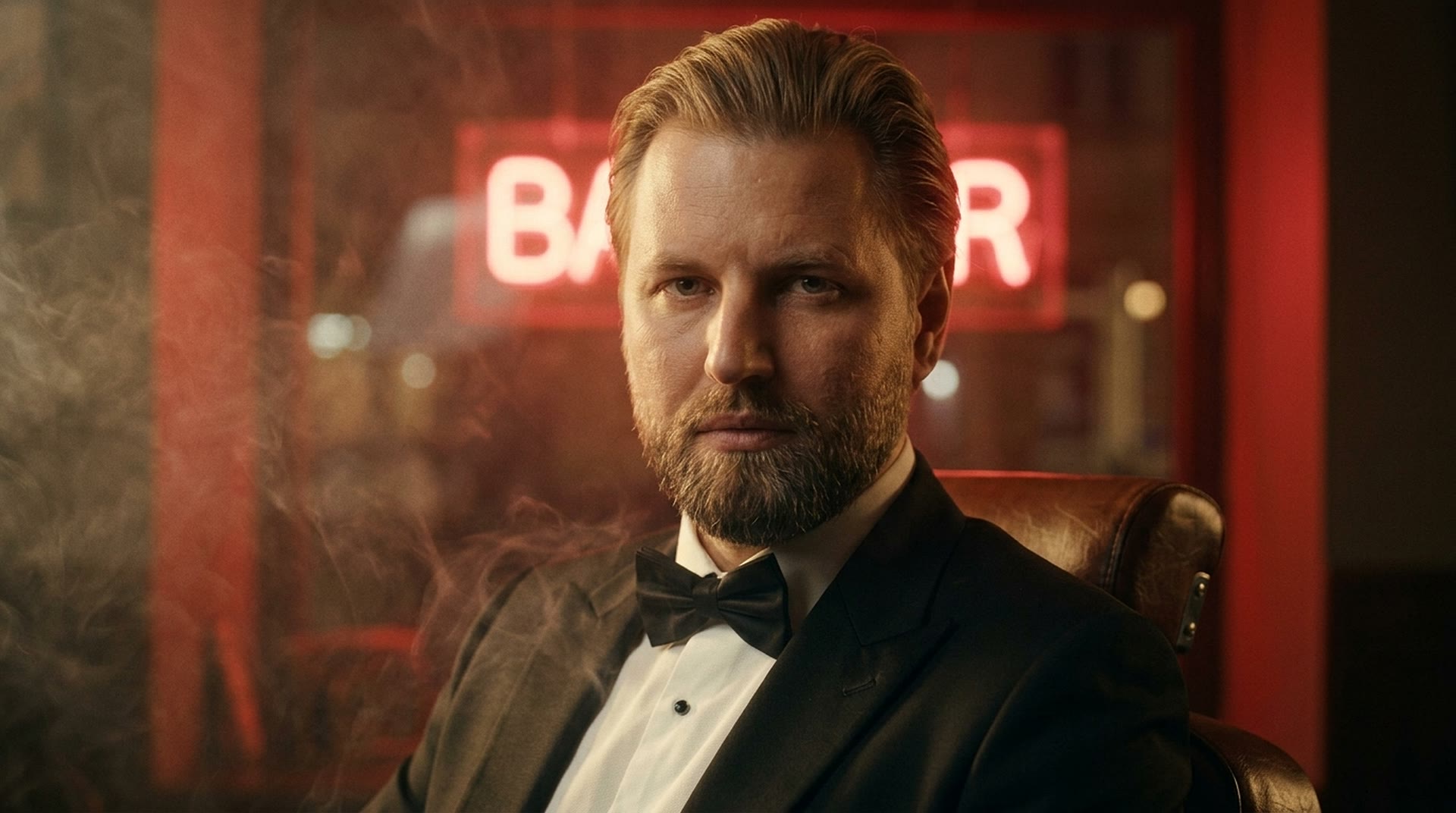 Kirill Bauman im Barberstuhl, rotes Neonlicht hinter ihm.